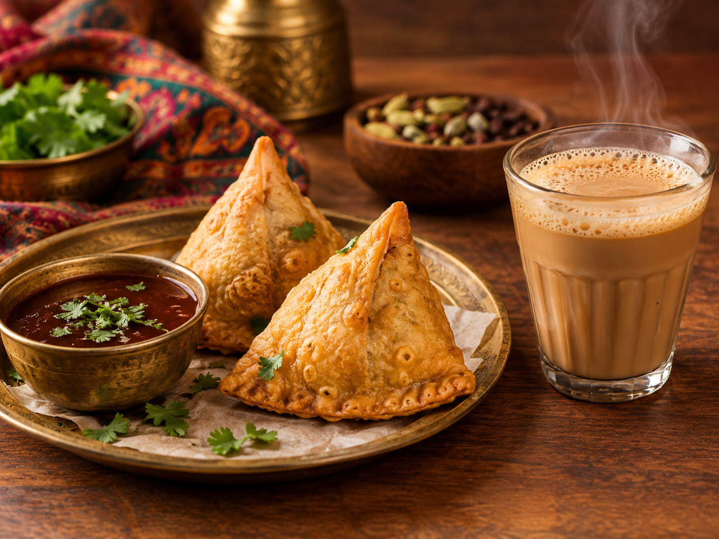 Crispy samosas with chutney and a glass of chai