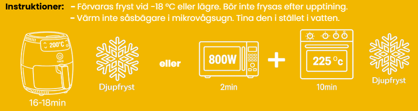 Tillagningsanvisning: Airfryer 200°C 16-18 min, eller mikrovågsugn 800W 2 min plus ugn 225°C 10 min / Cooking instructions: Air fryer 200°C 16-18 min, or microwave 800W 2 min plus oven 225°C 10 min